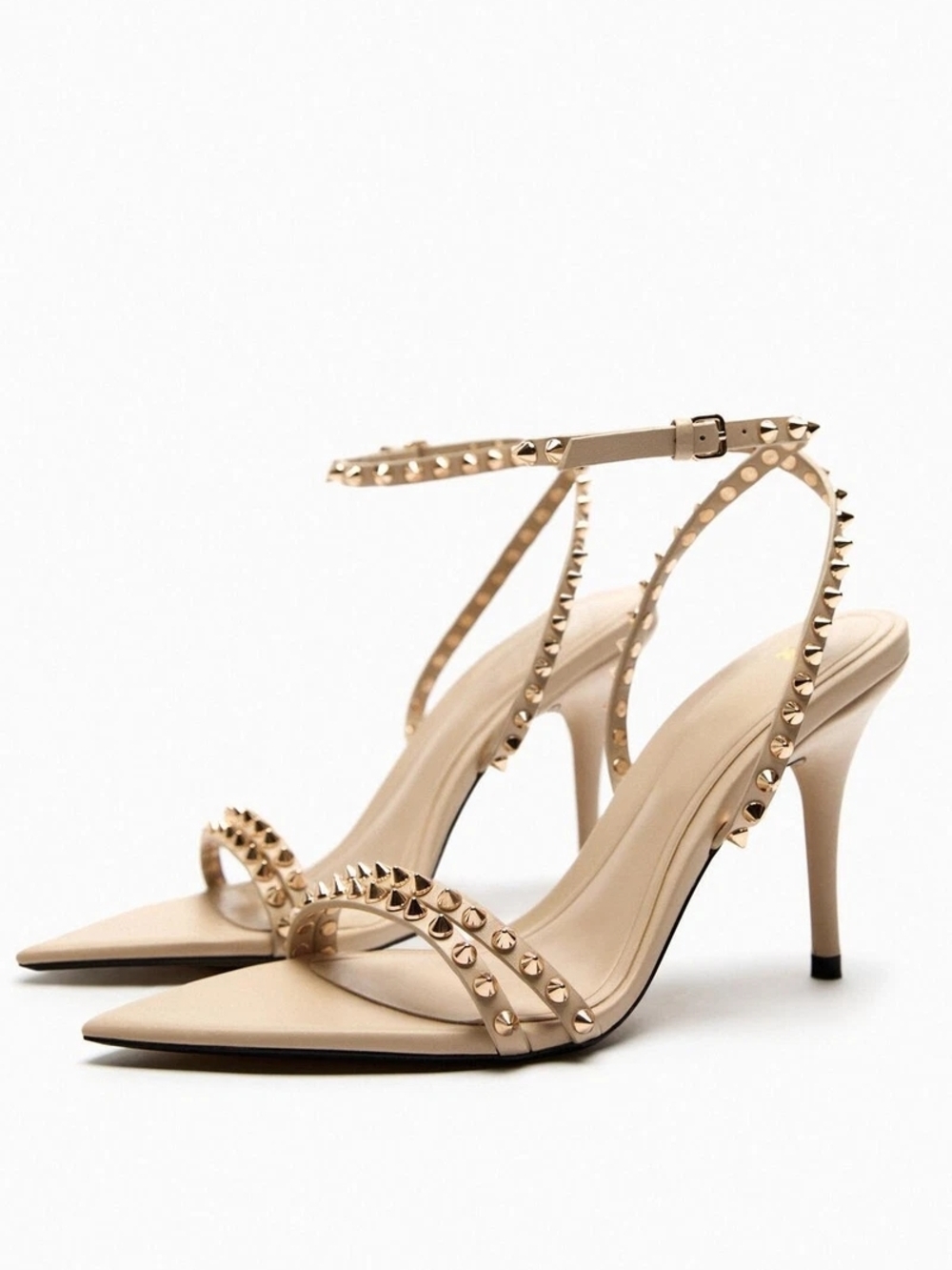 ZARA Nude Beige Studded Ankle-Strap Pumps with Gold Accents
